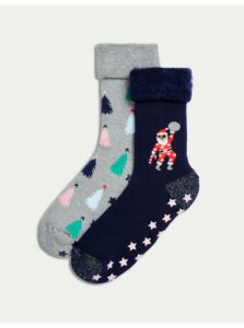 Sada dvoch párov dámskych ponožiek s vianočným motívom v tmavomodrej a šedej farbe Marks & Spencer