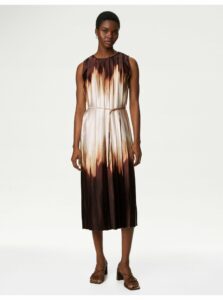Krémovo-hnedé dámske plisované midi šaty bez rukávov Marks & Spencer
