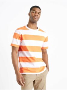 Bielo-oranžové pánske pruhované tričko Celio Beboxr