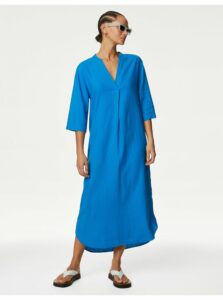 Modré dámske šaty s prímesou ľanu Marks & Spencer