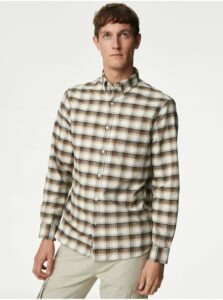 Hnedo-béžová pánska kockovaná košeľa Marks & Spencer Oxford