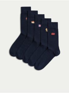 Sada piatich párov pánskych ponožiek s výšivkou v tmavomodrej farbe Marks & Spencer Cool & Fresh™