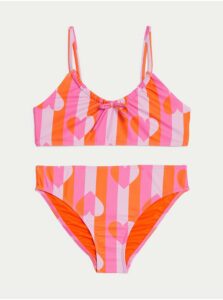 Oranžovo-ružové dievčenské dvojdielne plavky so srdiečkovou potlačou Marks & Spencer