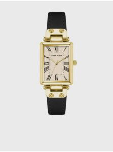 Dámske hodinky s koženým opaskom v černo-zlatej barve Anne Klein