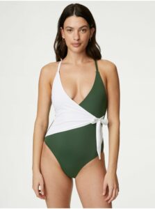 Bielo-zelené dámske zavinovacie jednodielne plavky Marks & Spencer