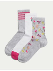Sada troch párov dámskych ponožiek v sivej, bielej a ružovej farbe Marks & Spencer